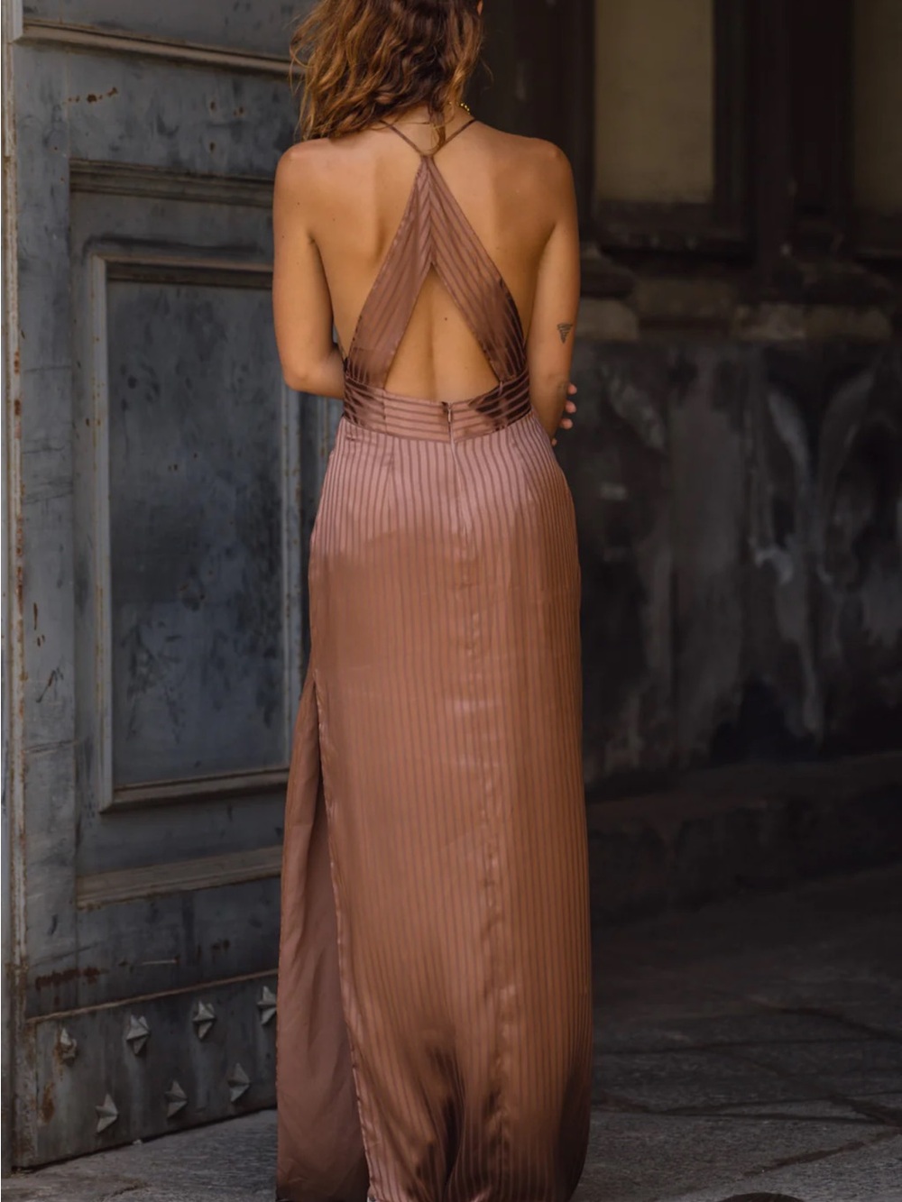 12th Tribe Strappy Open-Back Satin Maxi Dress in Brown